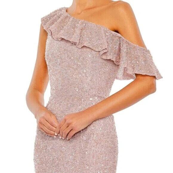 NWT Mac Duggal 5611 Sequined Drop Shoulder Trumpet Gown Mocha Pink Maxi Dress 16 - Picture 6 of 9